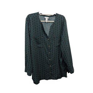 Catherines Blouse Women 3X Black And Teal Roll Up Long Sleeve Button Up
